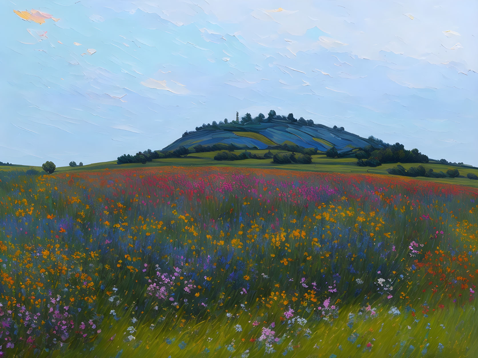 Colorful wildflower meadow under cloudy sky on green hill