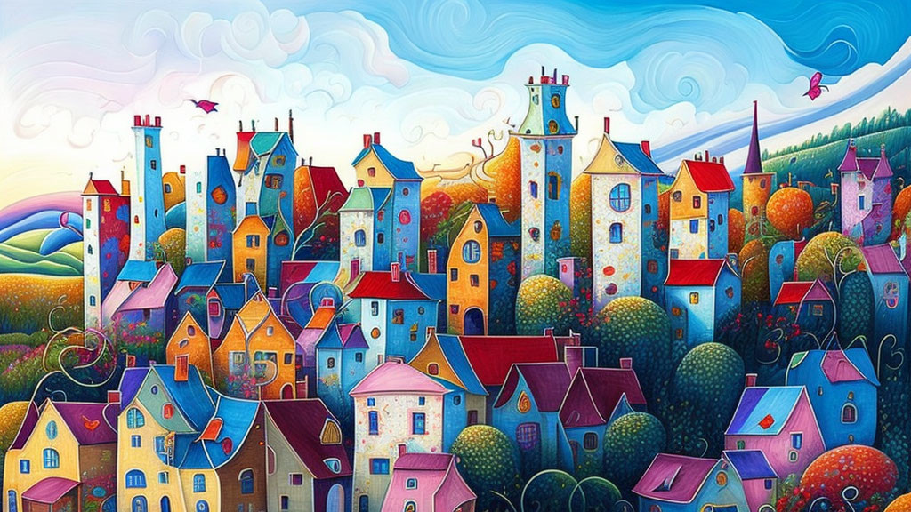 Colorful whimsical painting of vibrant village with tall houses, rolling hills, and swirling sky.