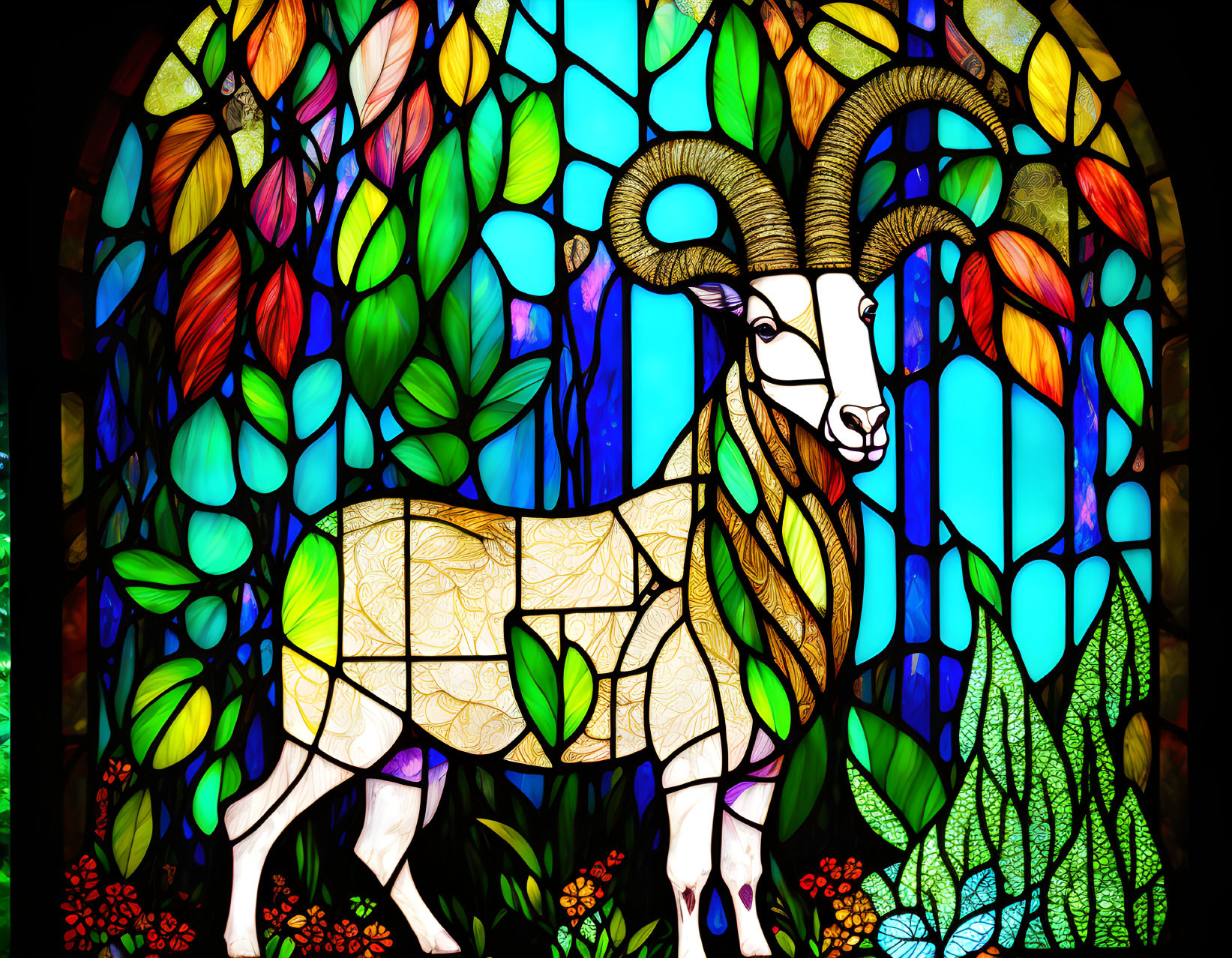 Colorful stained glass window with ram, leaves, and flowers