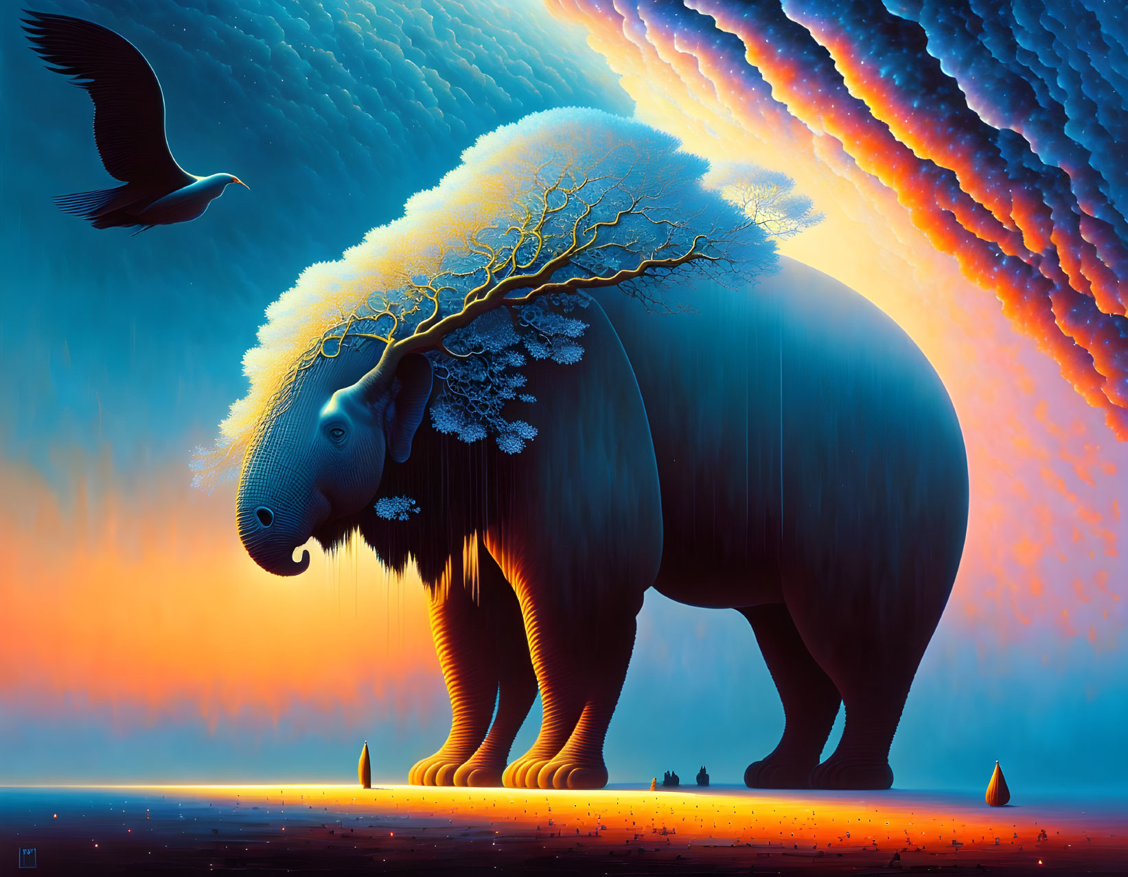 Surreal painting: massive elephant with tree branch tusks, small ecosystem on its back, vibrant