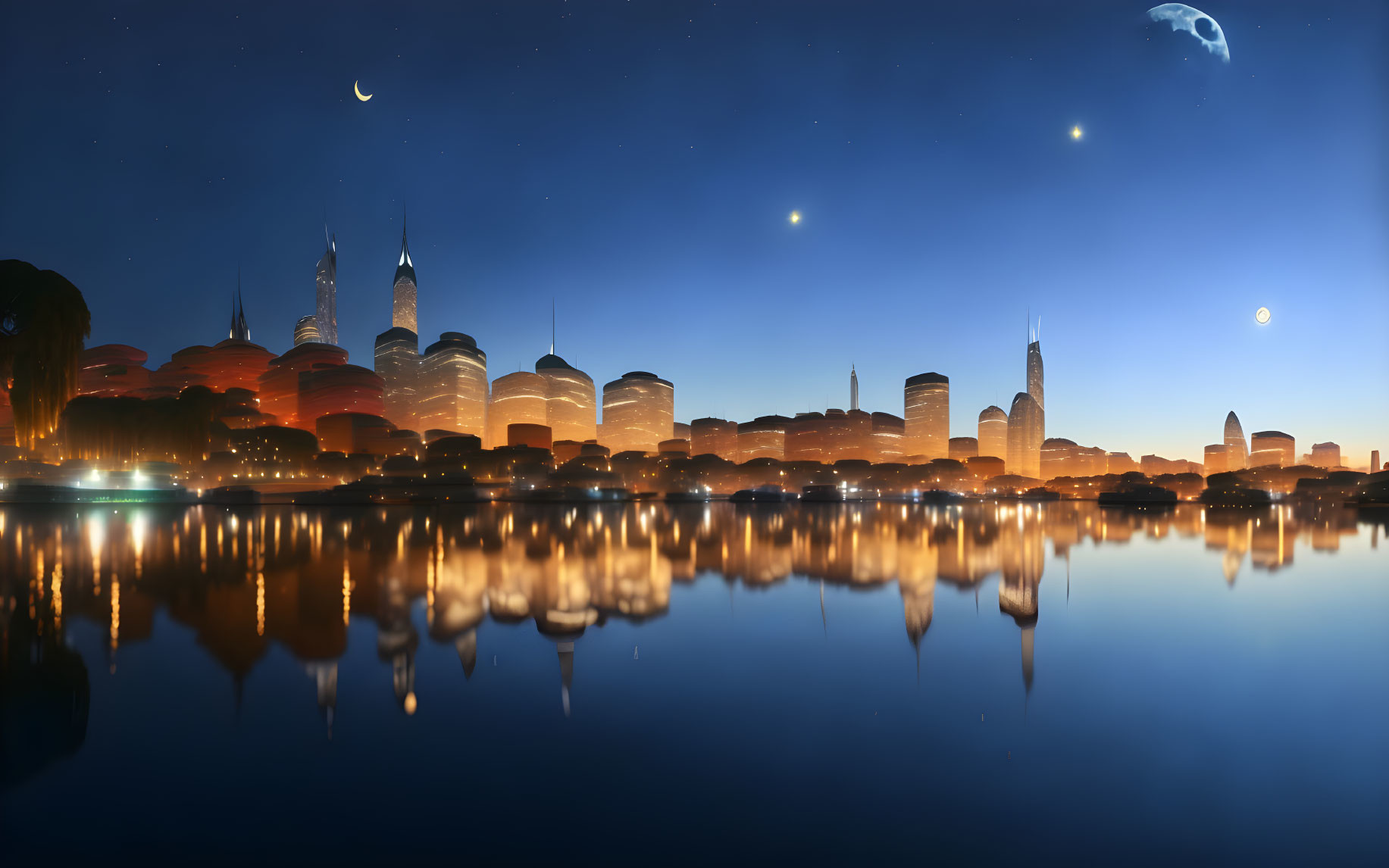 Futuristic city skyline at twilight with illuminated buildings and multiple moons.