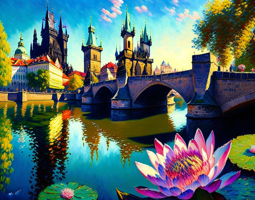 Colorful Prague cityscape with Charles Bridge, gothic towers, river reflections, and water lily