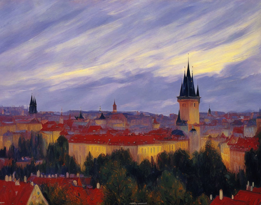 Historic cityscape painting with spires under dramatic sky