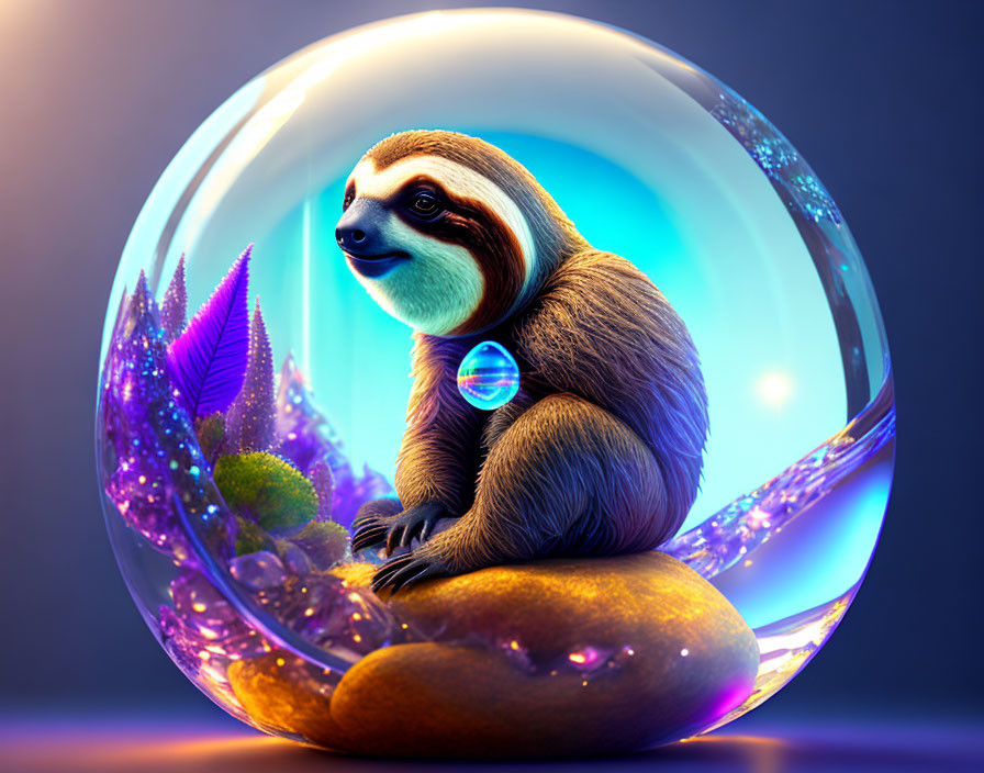 Stylized sloth in transparent bubble with vibrant plant life