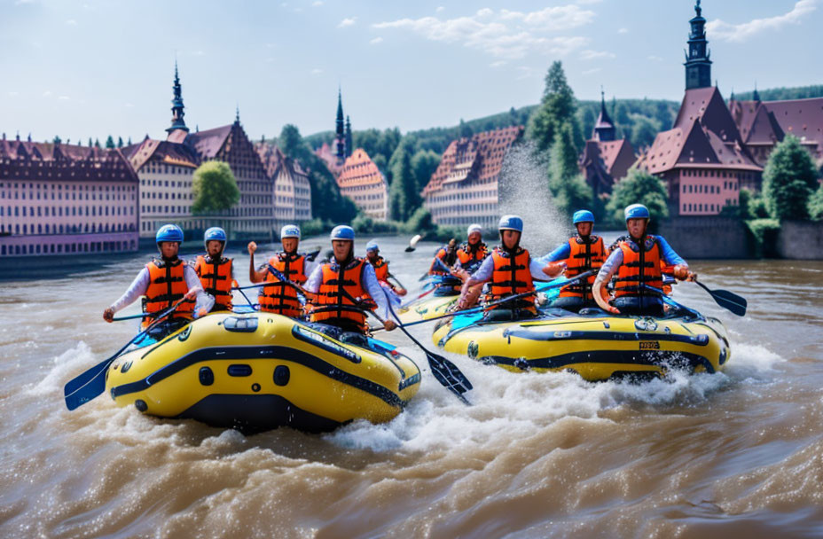 Group of People White Water Rafting with Historical Buildings