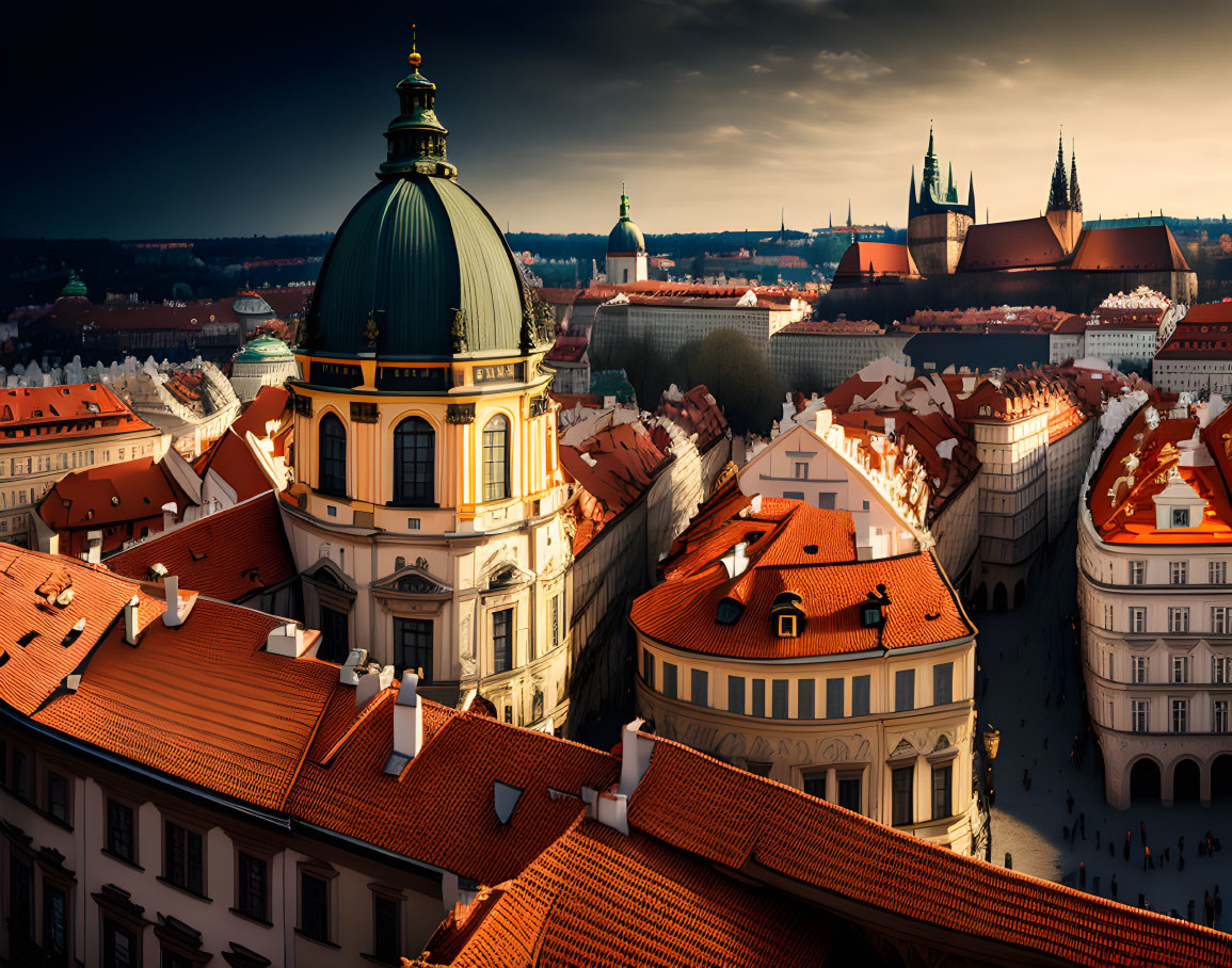 Traditional European cityscape at sunset with prominent dome and red tiled roofs.