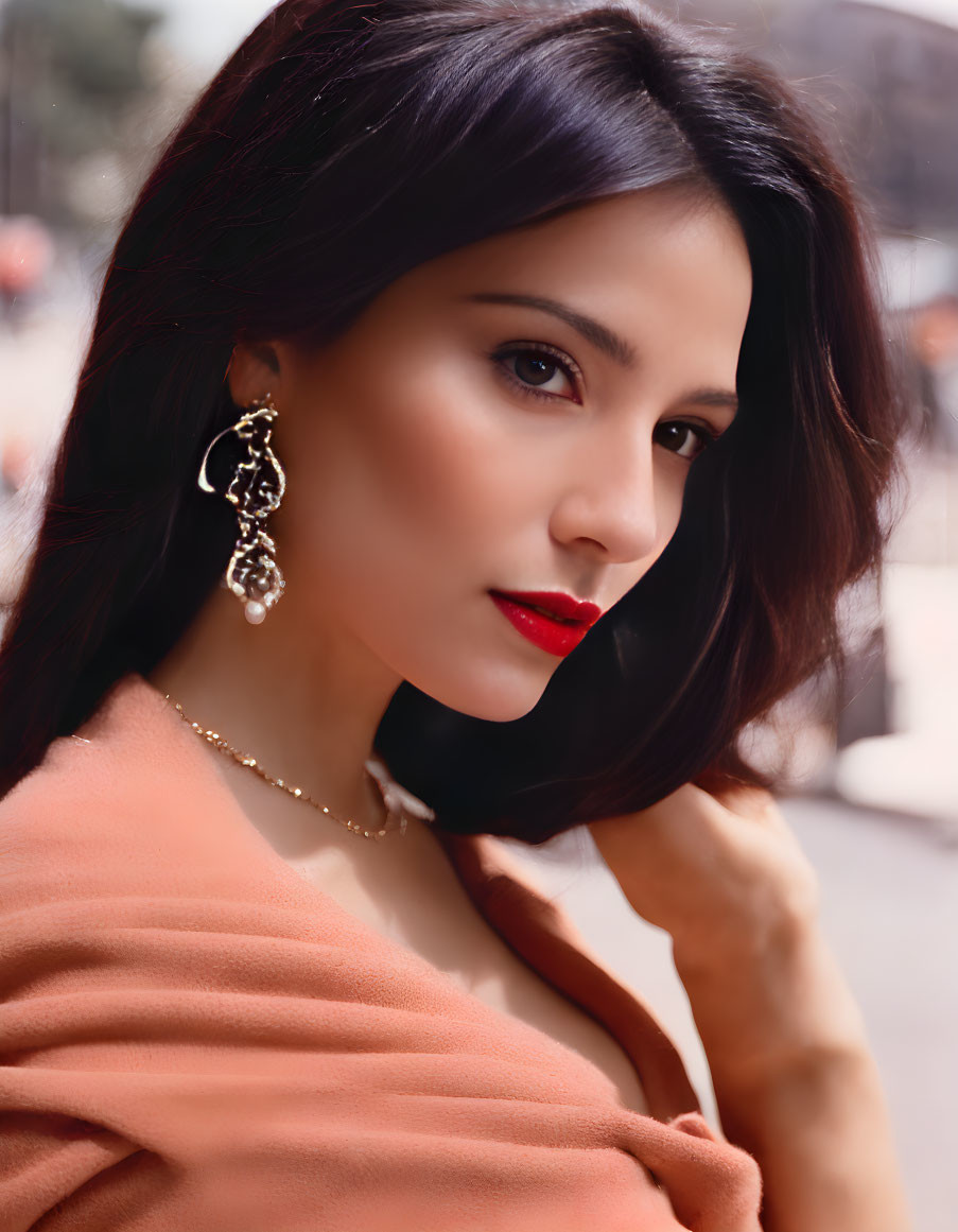 Dark-haired woman in peach outfit and red lipstick with intricate earrings.