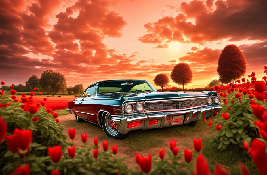 Vintage car parked in red tulip field under dramatic sunset sky