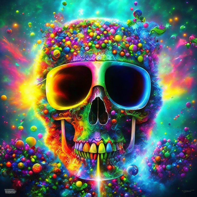 Colorful Psychedelic Skull with Sunglasses in Swirling Background