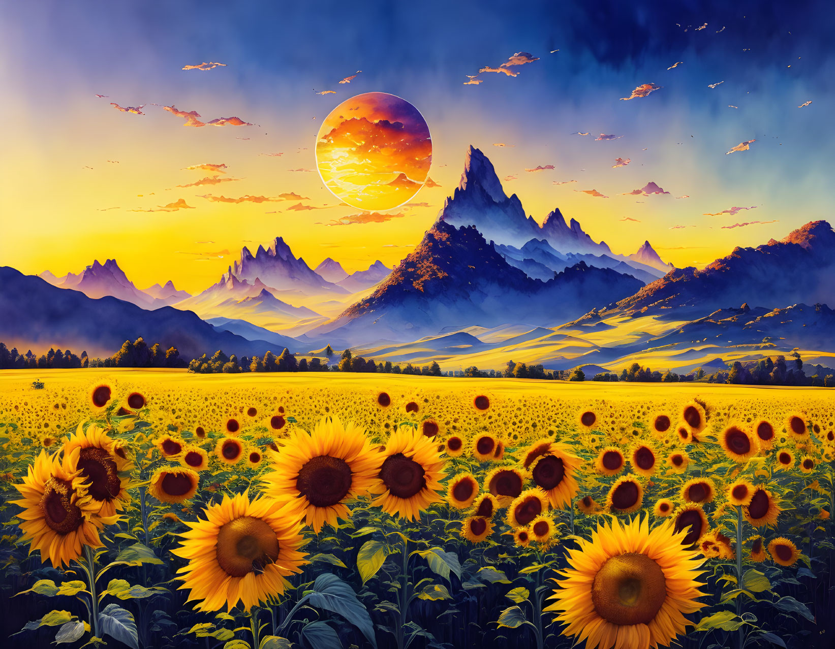 Colorful sunset with low moon over sunflower field and mountains.