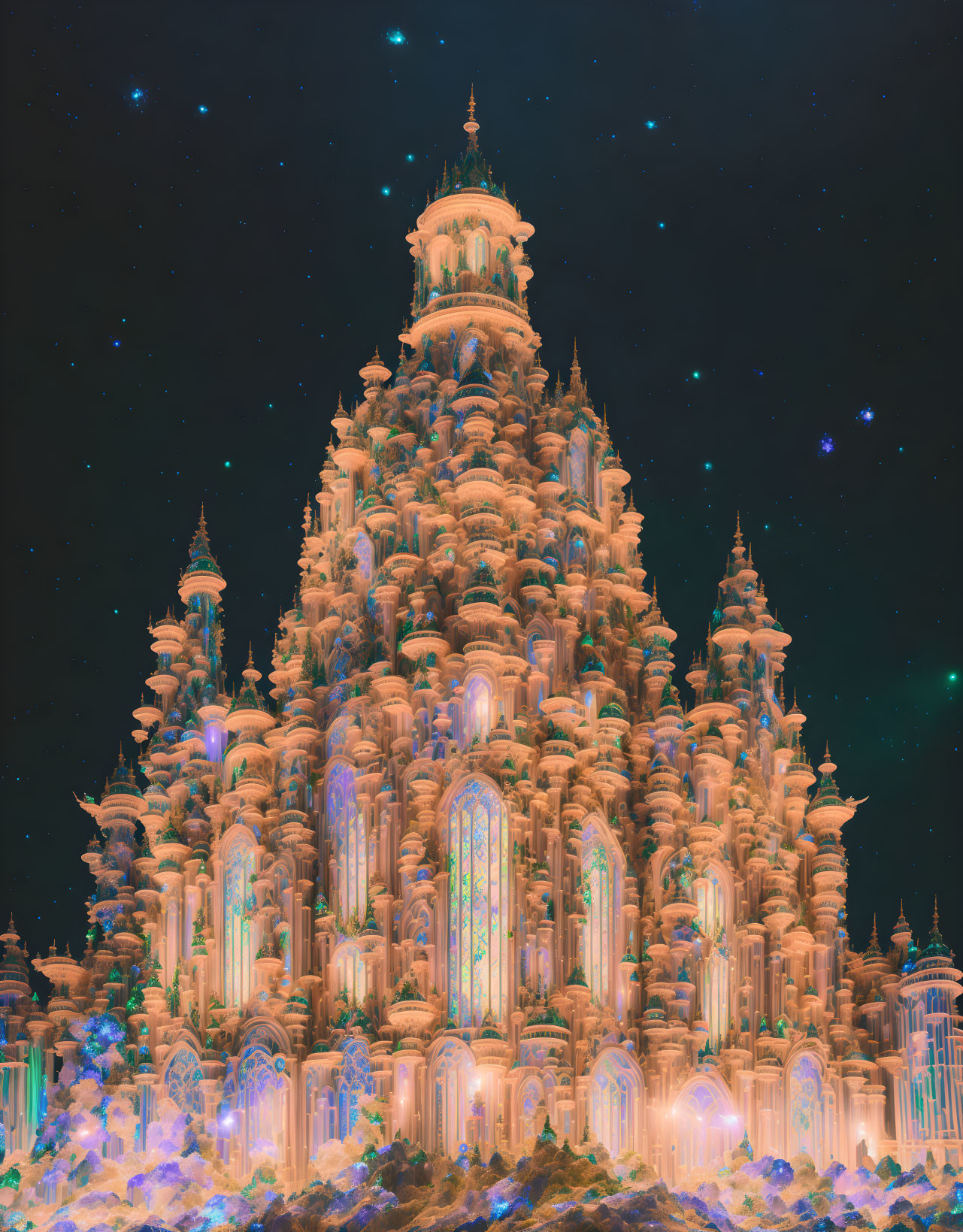 Fantasy castle illuminated under starry night sky