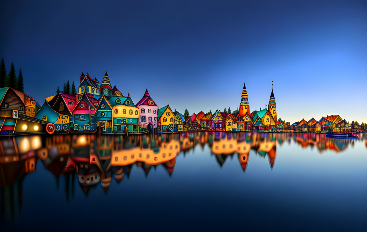 Vibrant houses and buildings mirrored on serene water at twilight