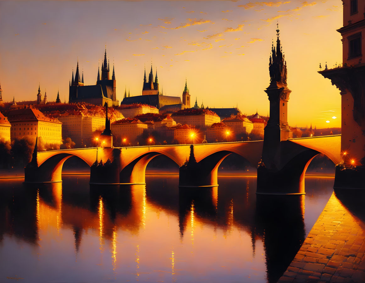 Iconic Charles Bridge and Prague Castle at Dawn with River Reflections