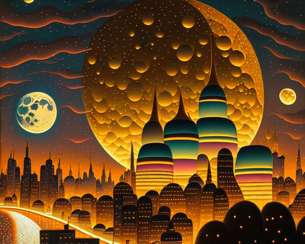 Surreal night cityscape with multiple moons, vibrant buildings, and starry sky.