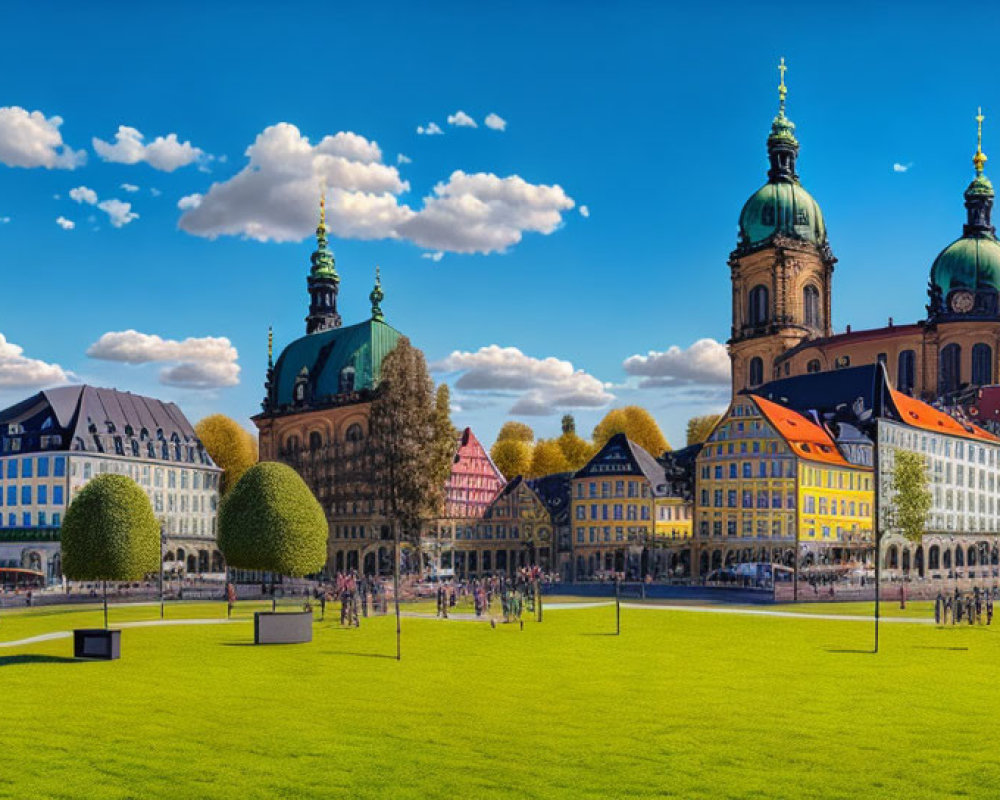 Vibrant European square with classic architecture, green trees, and sunny day scene