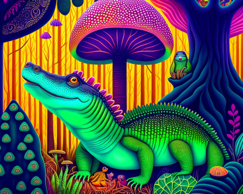 Colorful alligator in psychedelic forest with oversized mushrooms and whimsical trees