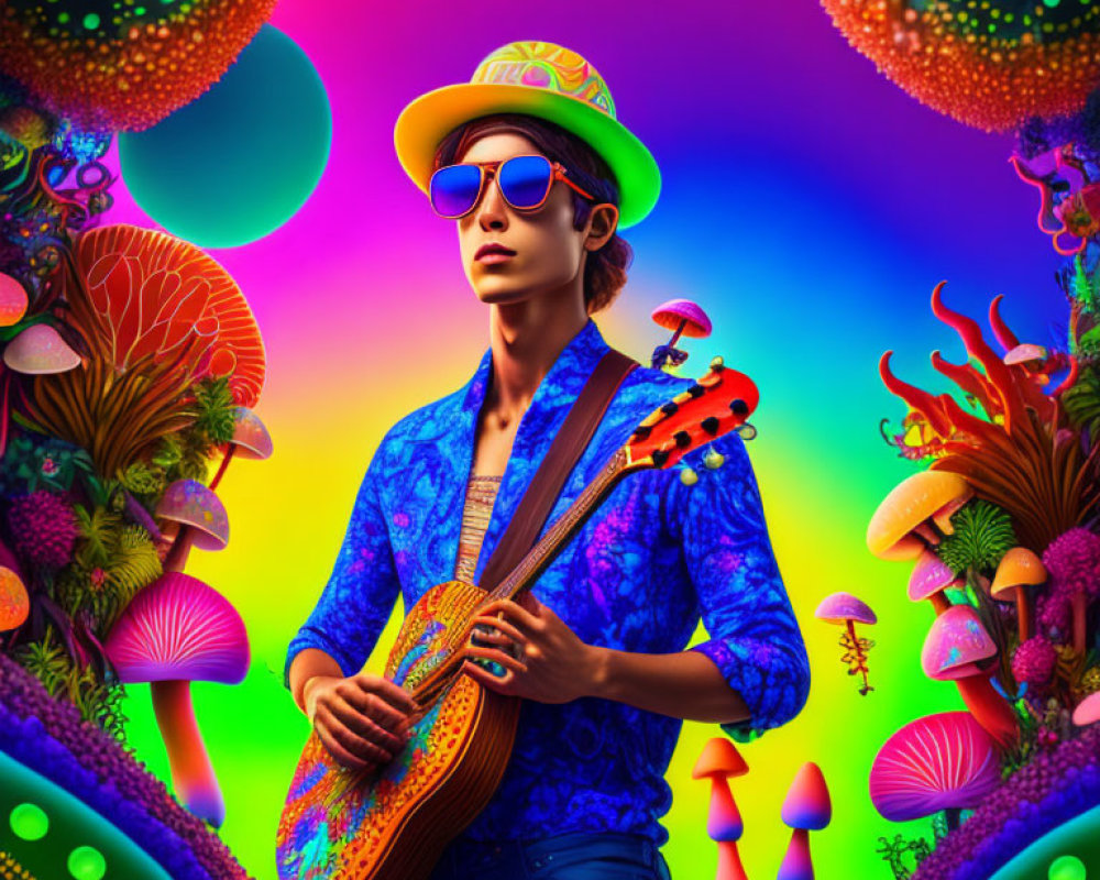 Person with Guitar in Psychedelic Mushroom Scene, Blue Shirt, Sunglasses, Colorful Hat