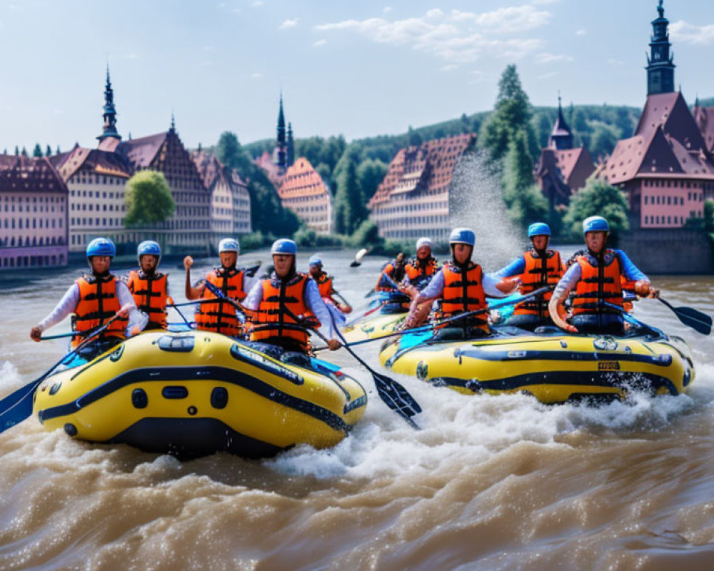 Group of People White Water Rafting with Historical Buildings