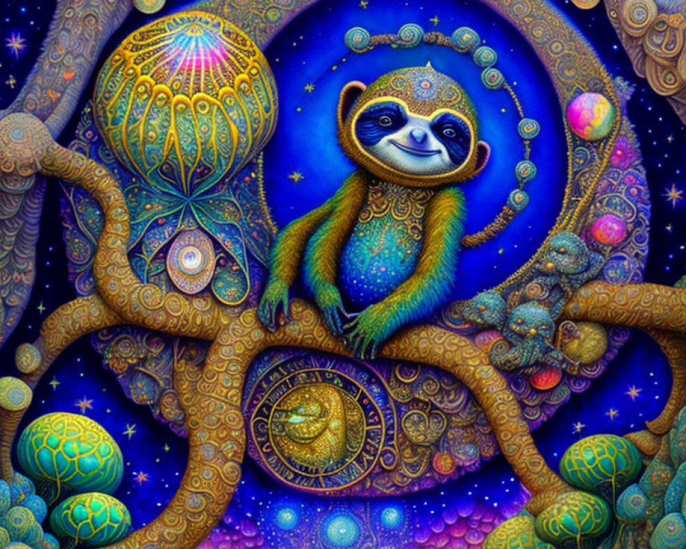 Vibrant surreal illustration of smiling sloth on cosmic branch