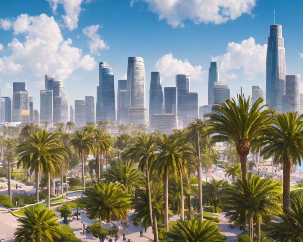 City skyline with skyscrapers, palm trees, and waterfront promenade