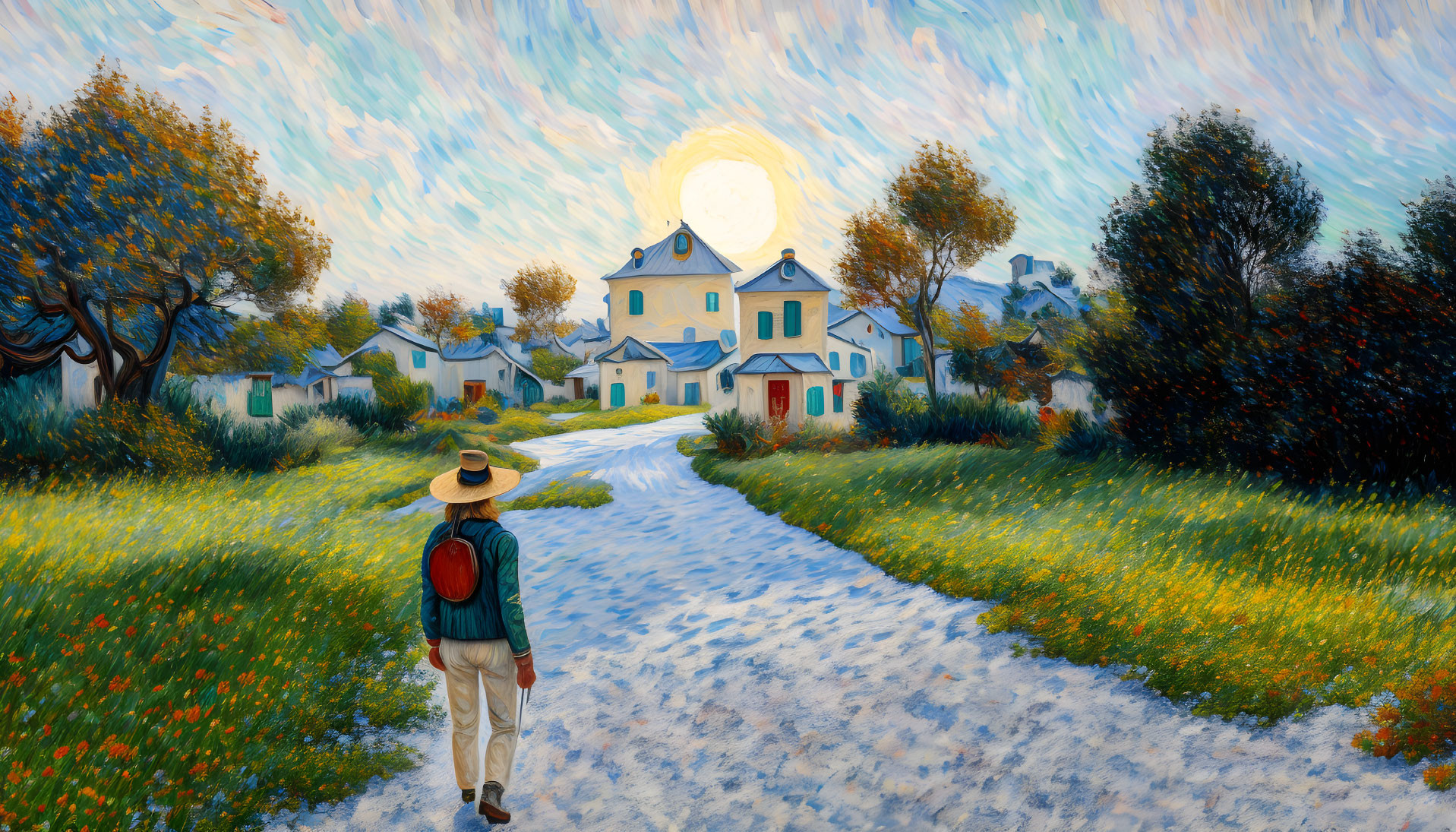 Person with hat and backpack in vibrant impressionist landscape