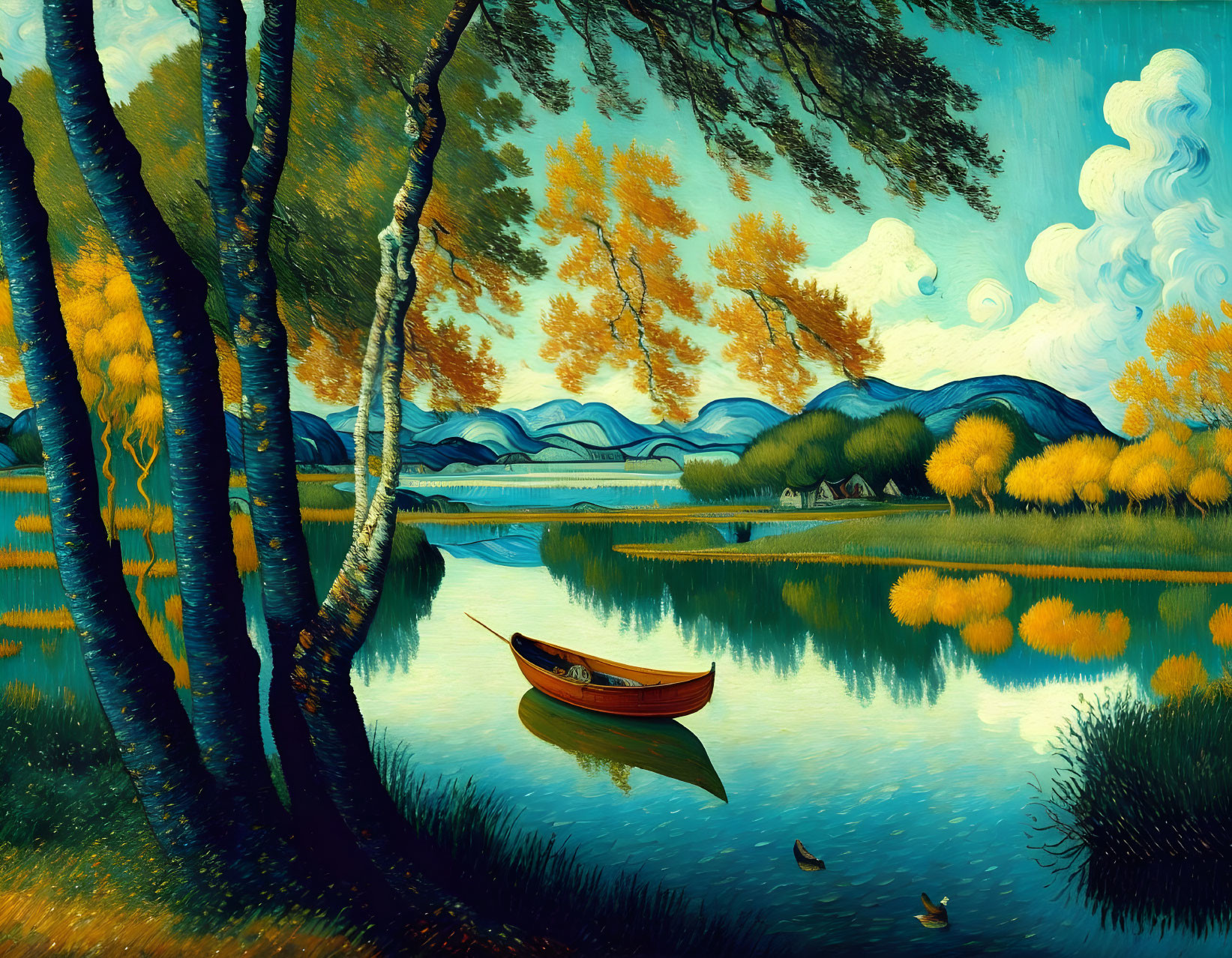 Tranquil lake landscape with canoe, ducks, autumn trees & hills