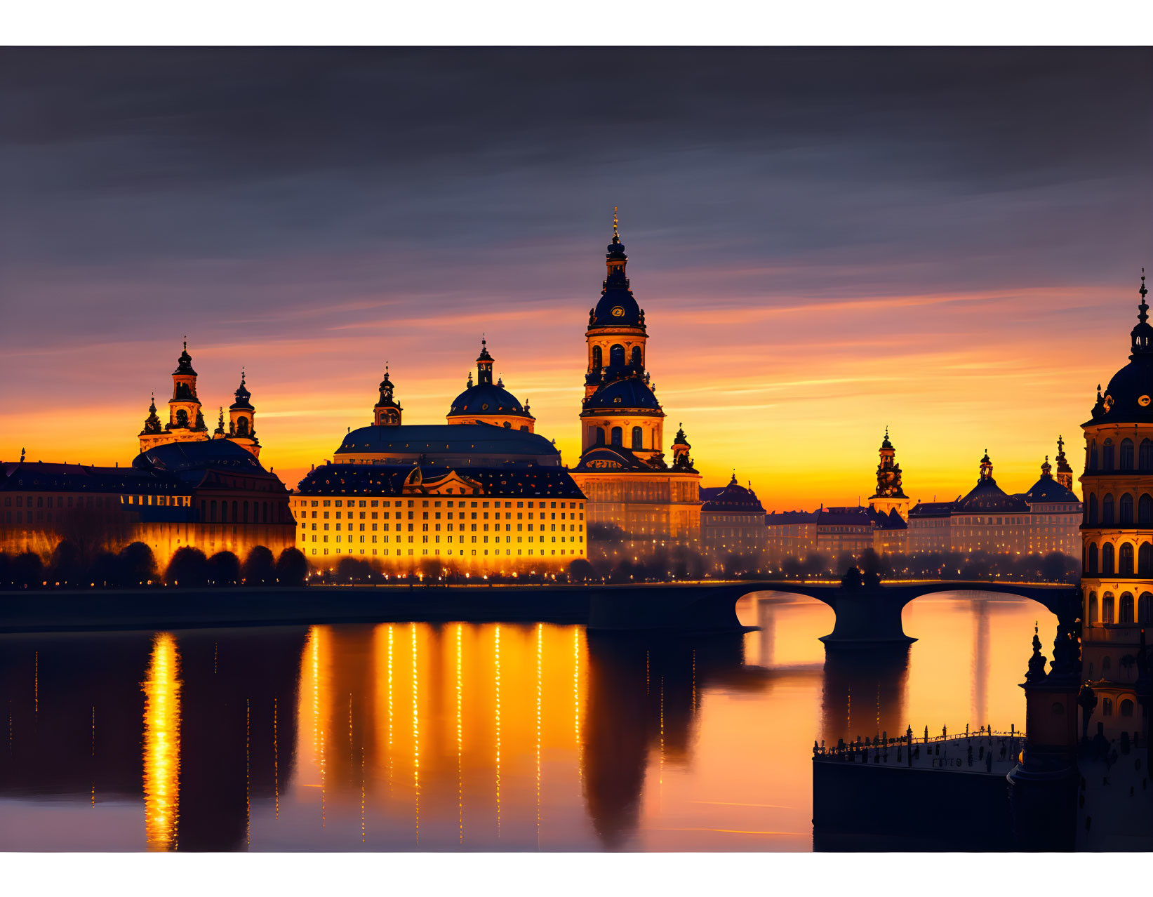 Historical city skyline with baroque architecture at sunset