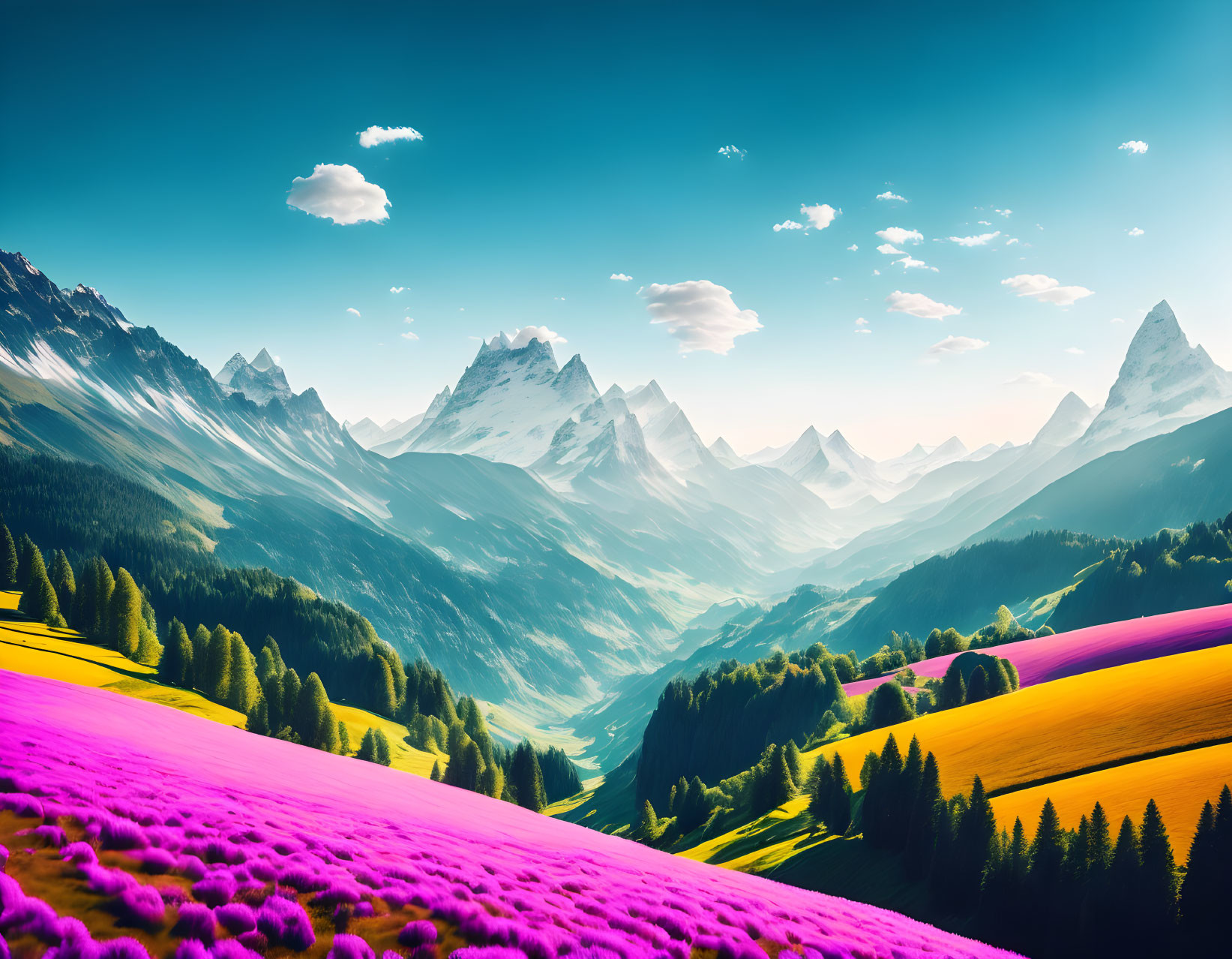 Vibrant purple flower fields and majestic mountain range under clear blue sky