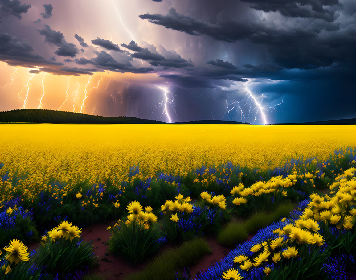 Yellow flowers field under stormy sky with lightning strikes