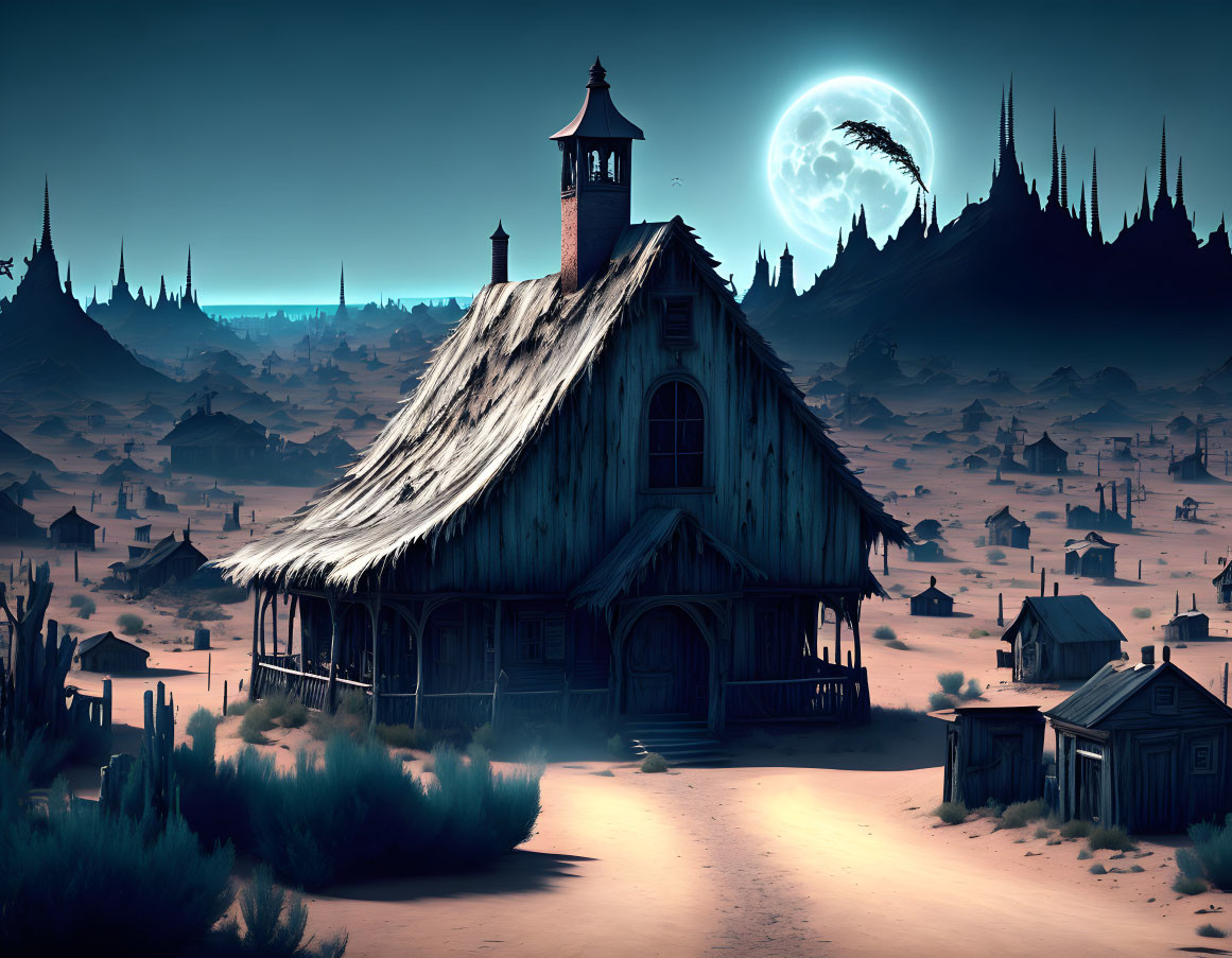 Mysterious old wooden house in desert under moonlit sky