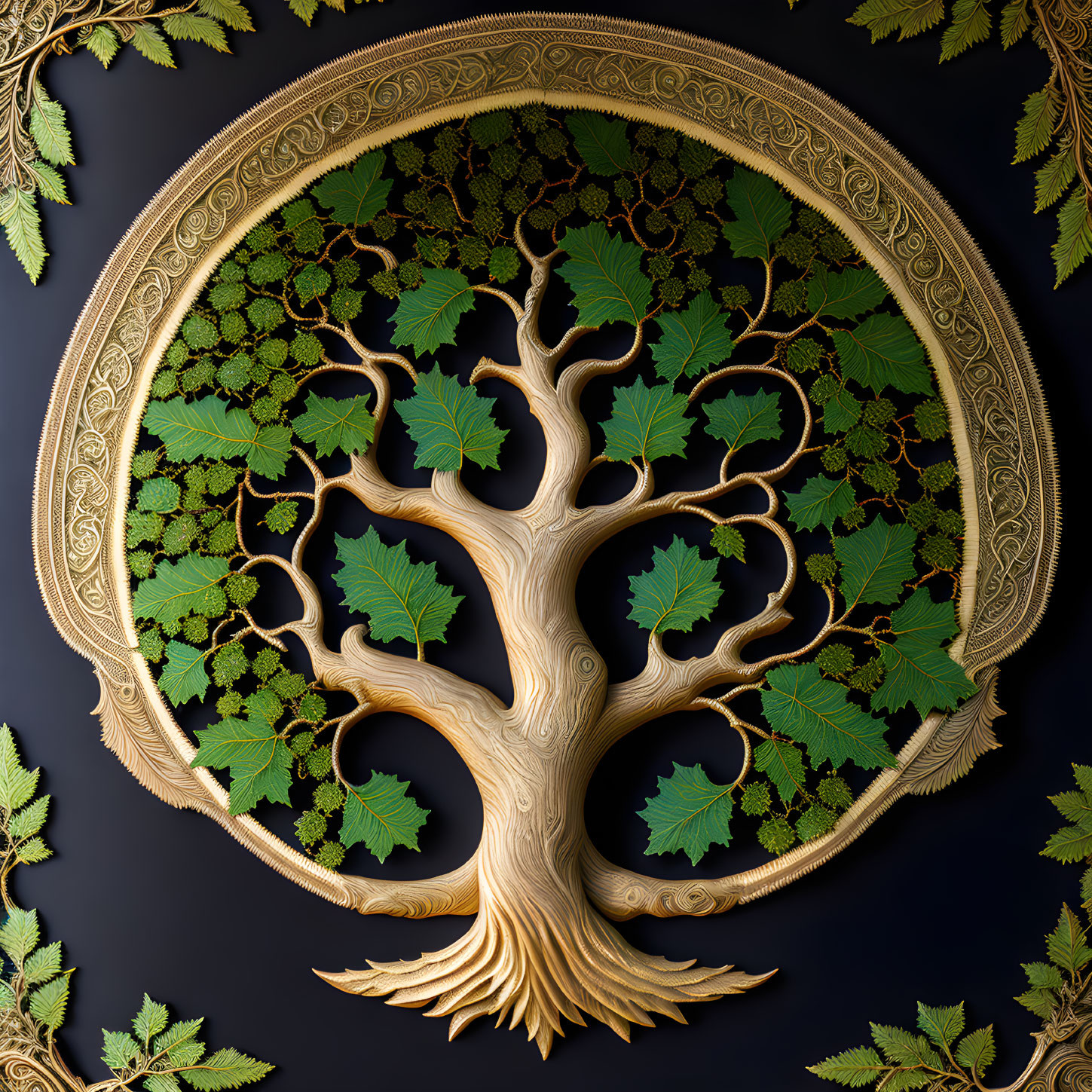 Detailed Golden Tree in Ornate Round Frame on Dark Background