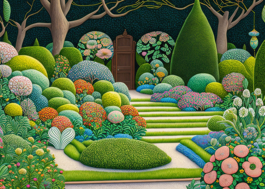 Stylized garden with patterned bushes, winding path, hidden door