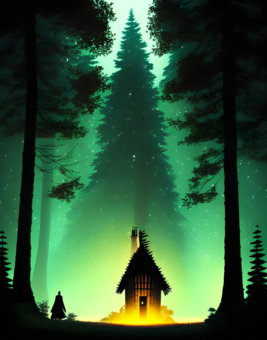 Enchanted forest scene with glowing hut, towering tree, and figure in aurora-lit clearing