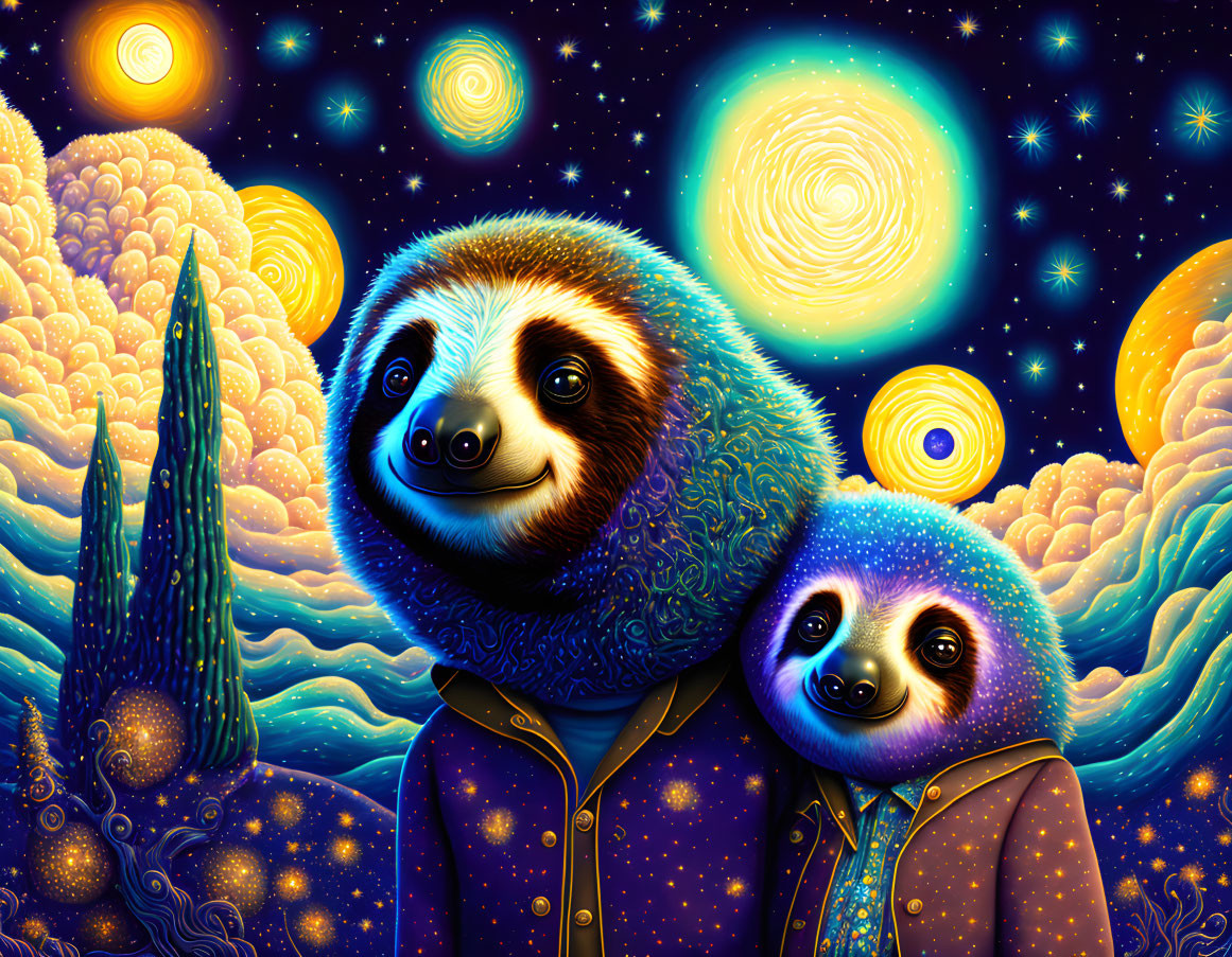 Stylized anthropomorphic sloths in jackets amid vibrant starry skies and whimsical cacti