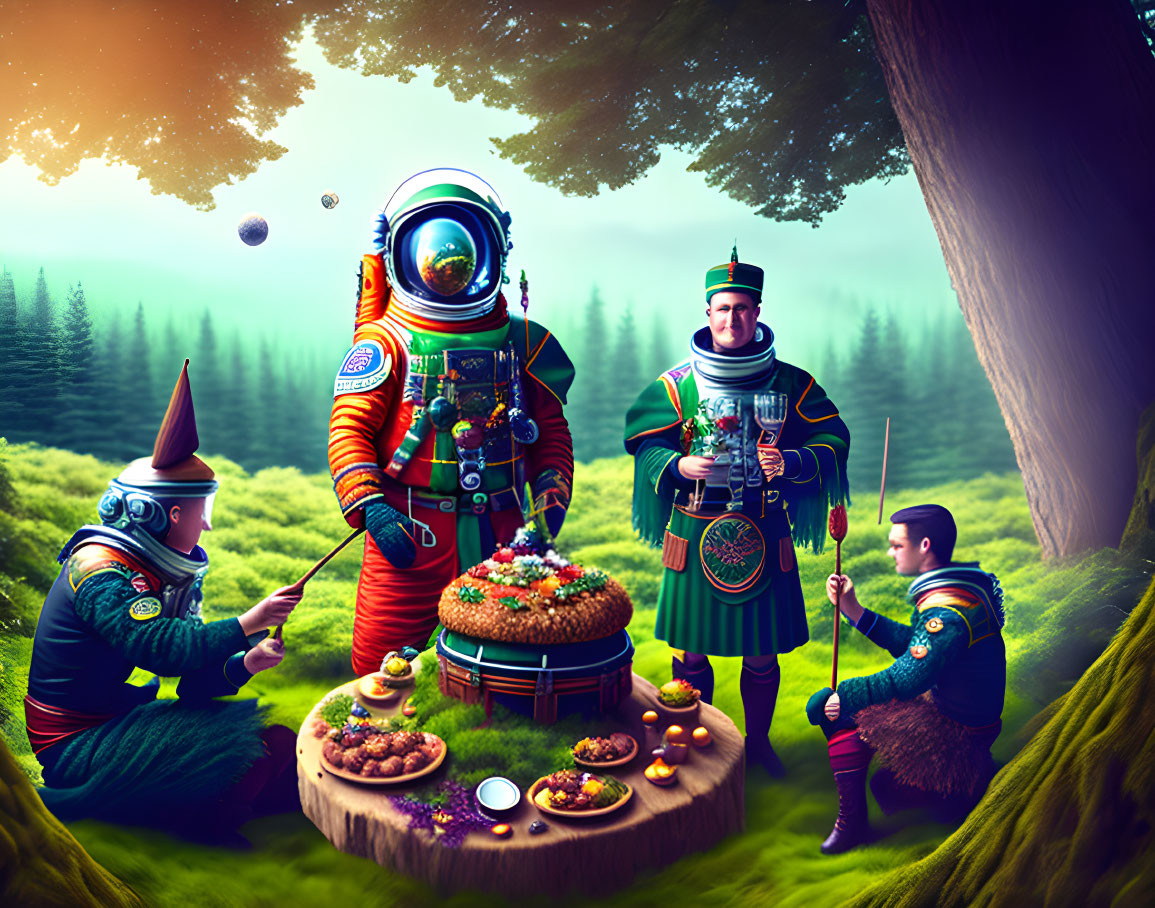 Astronaut floating bubbles with individuals in colorful renaissance-style outfits in lush forest