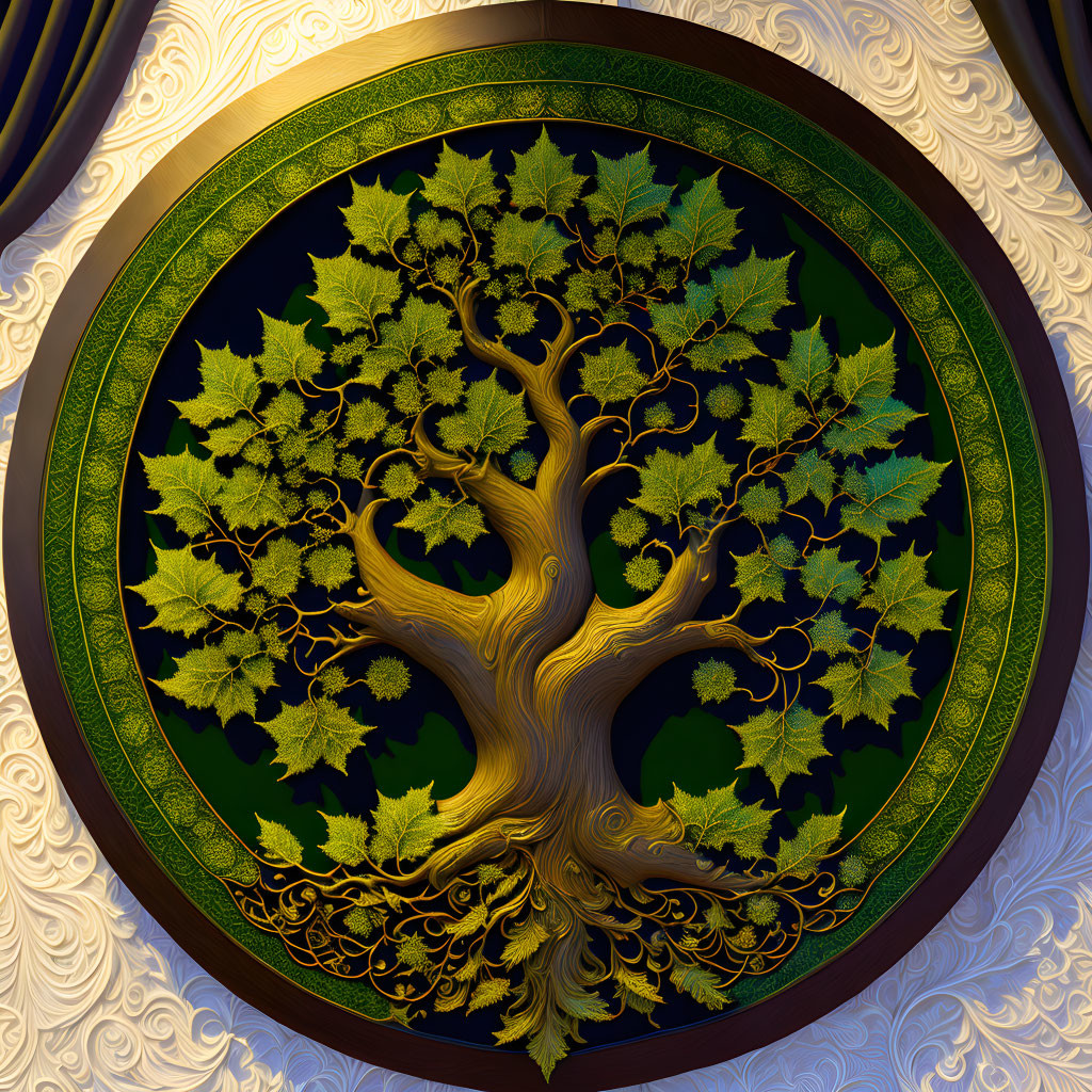 Gold-Accented Tree in Ornate Frame on Patterned Background