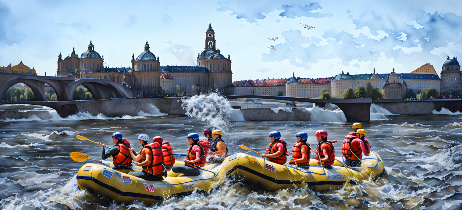 People rafting on turbulent river with historic buildings and bridge under blue sky.