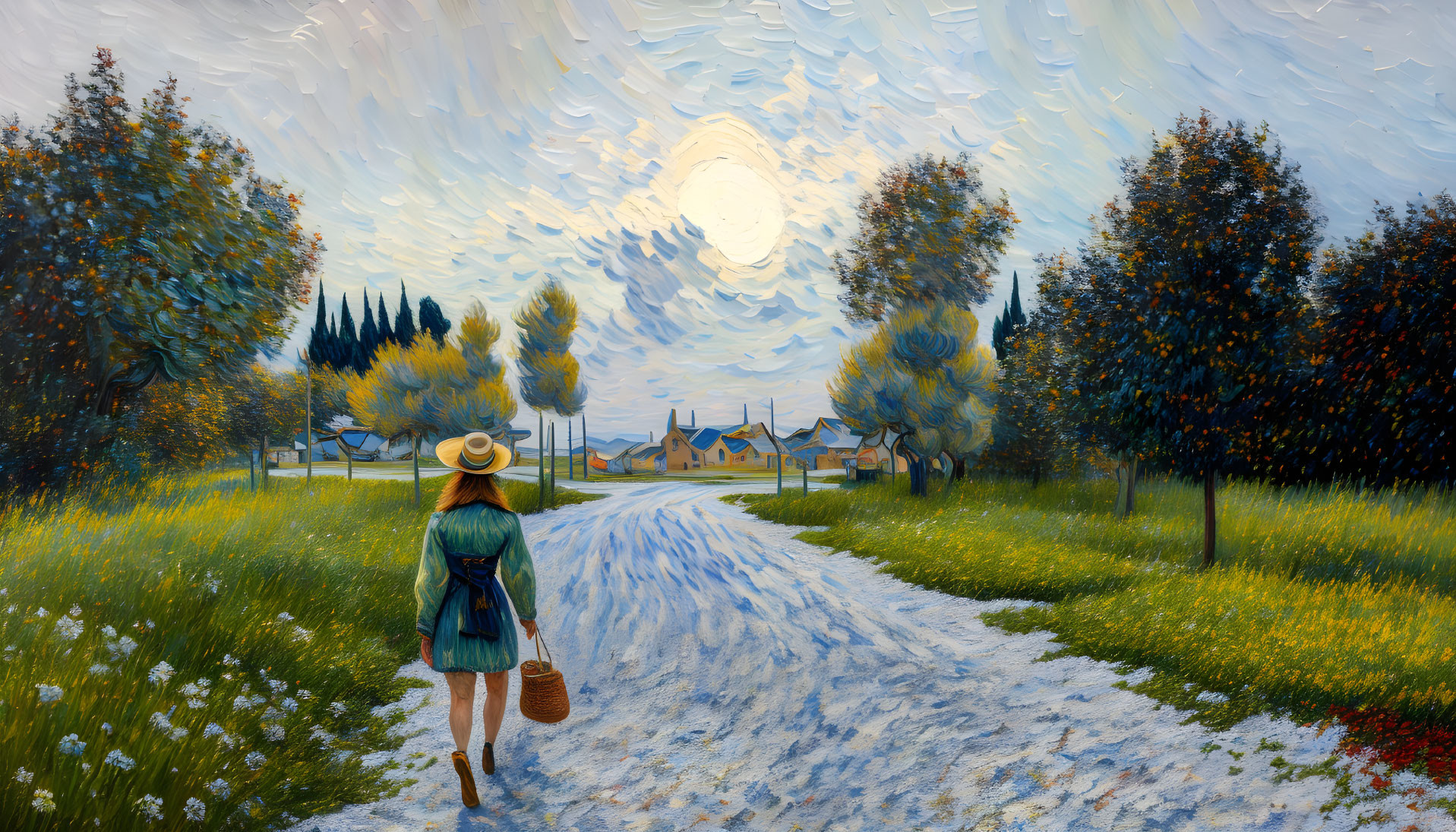 Woman walking in vibrant impressionist landscape