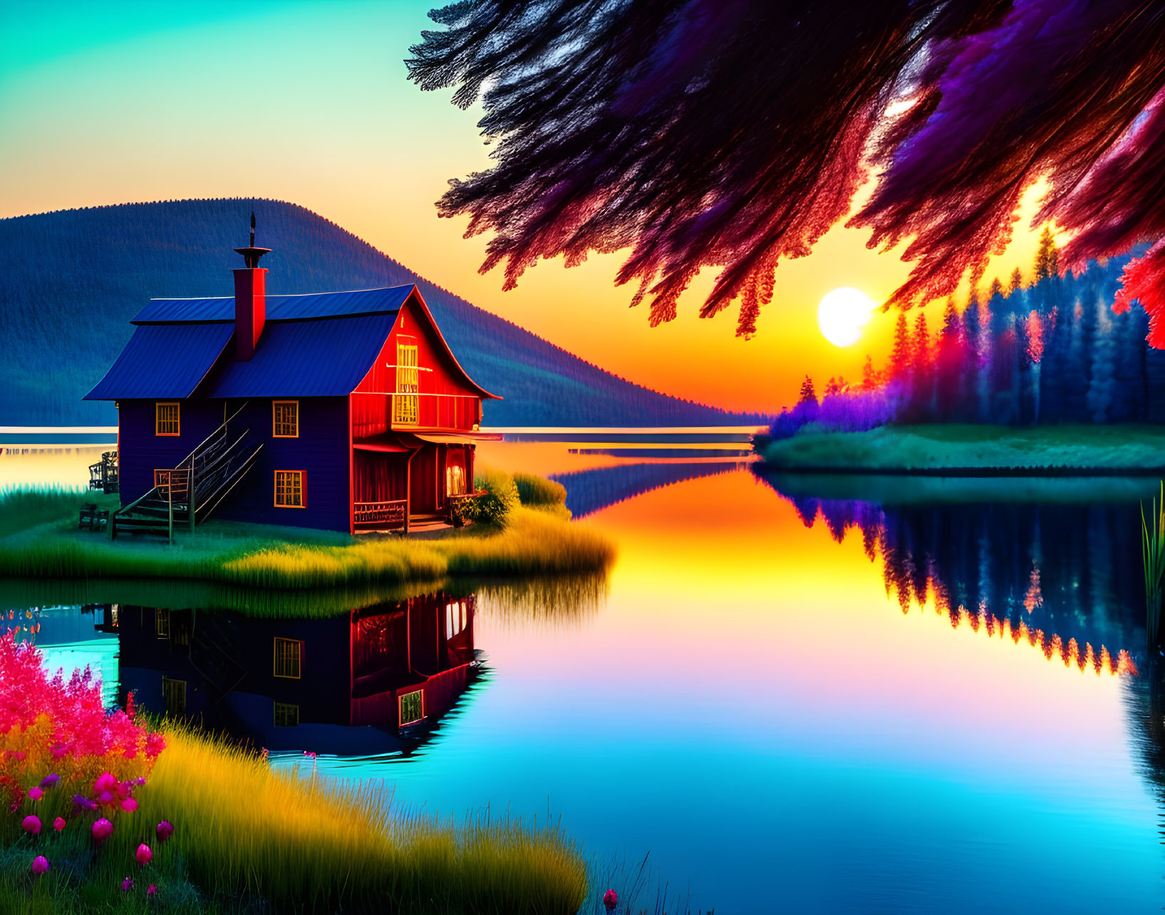 Red house with chimney near lake at sunset with lush surroundings