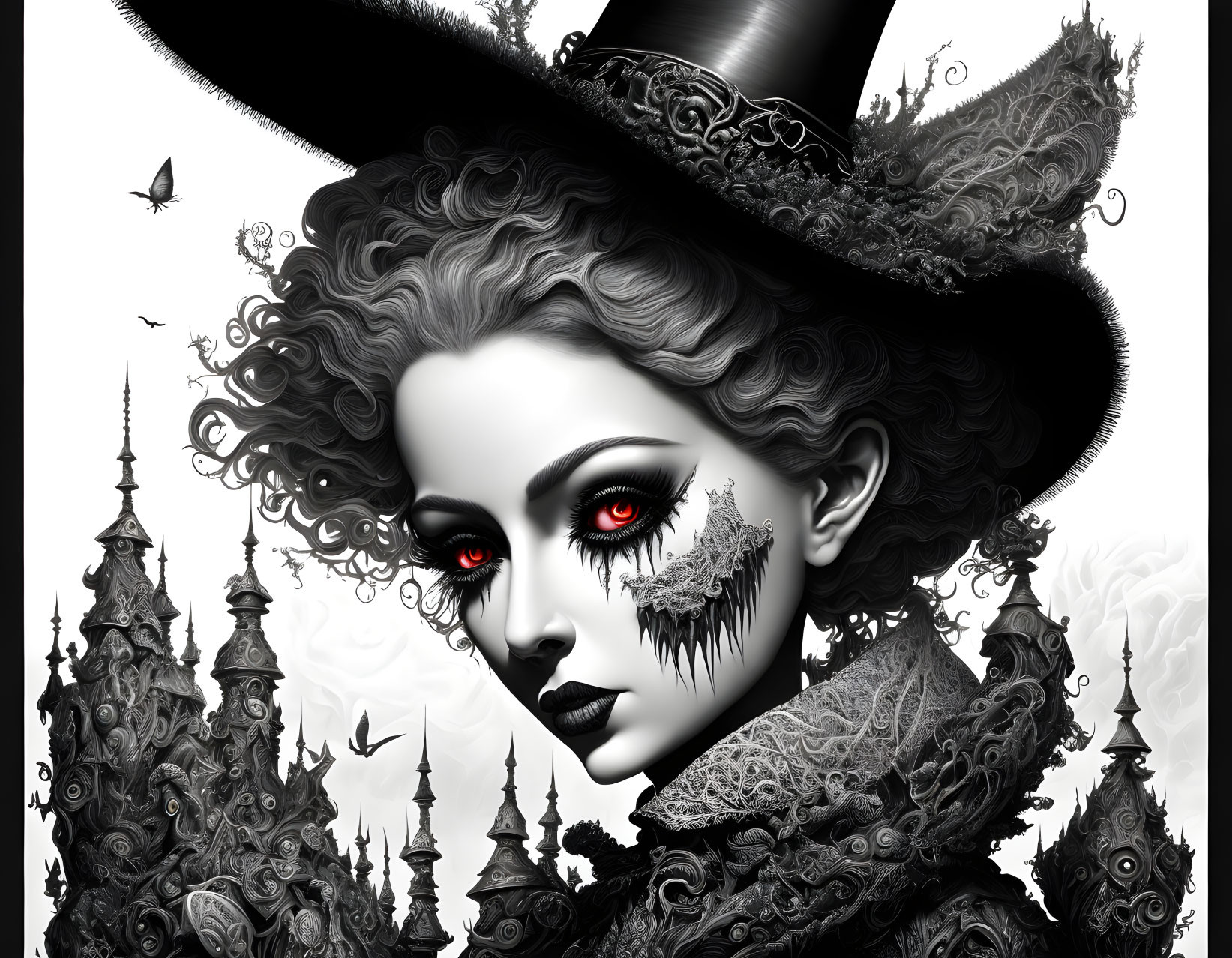 Monochrome Gothic art: Woman with red eyes, skull-like makeup, ornate towers, flying birds