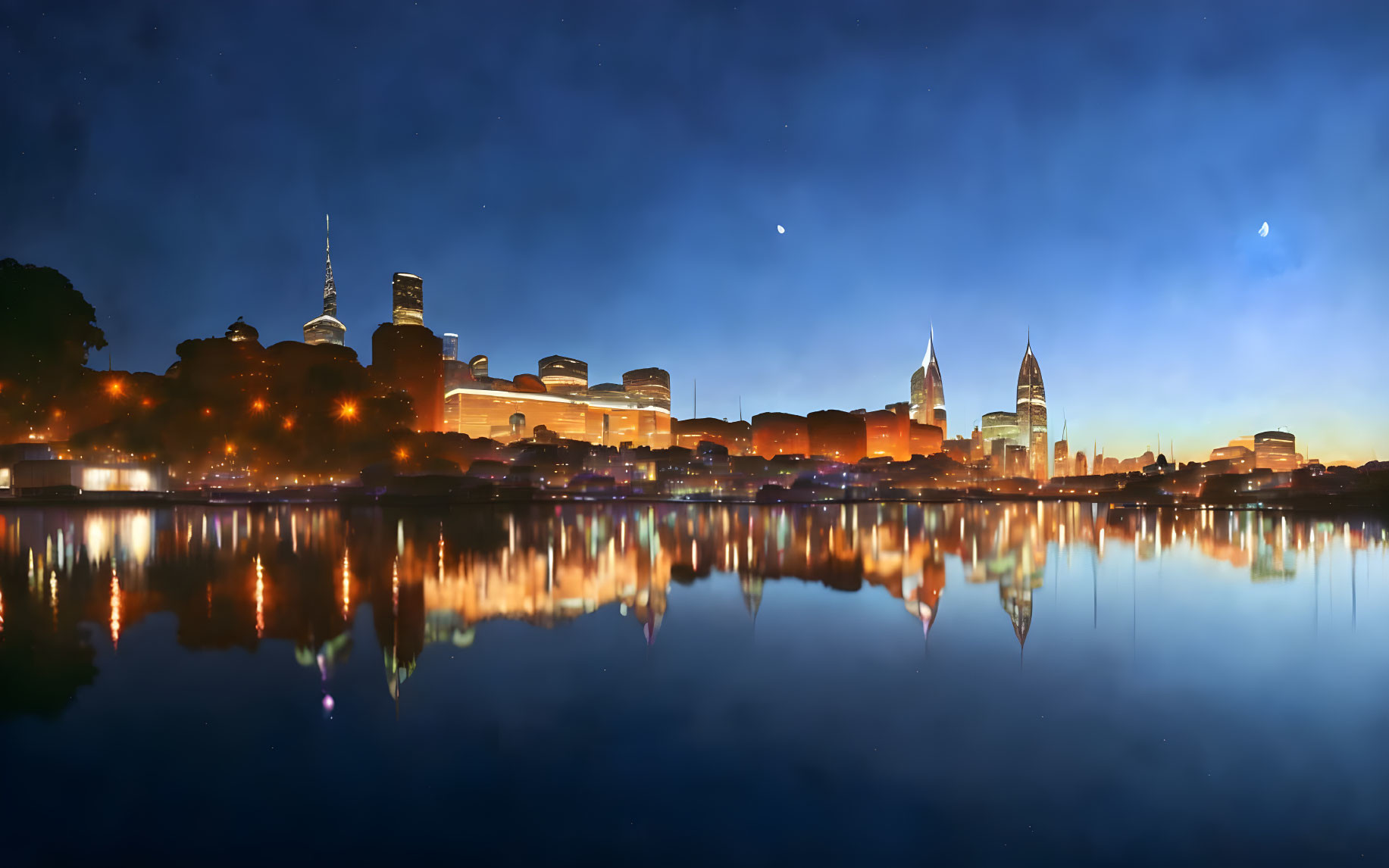 Panoramic cityscape at dawn with illuminated buildings reflecting on tranquil water