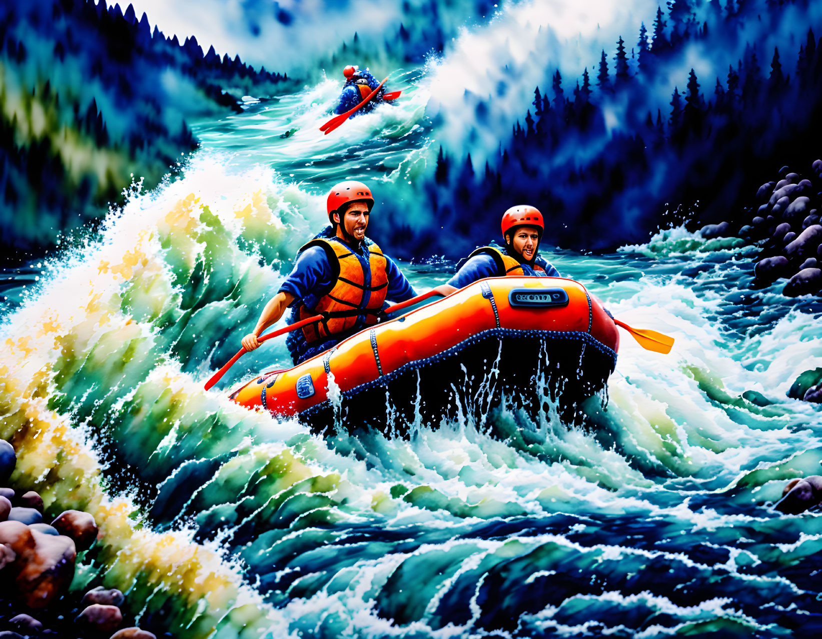 Rafting and kayaking in whitewater rapids scenery.