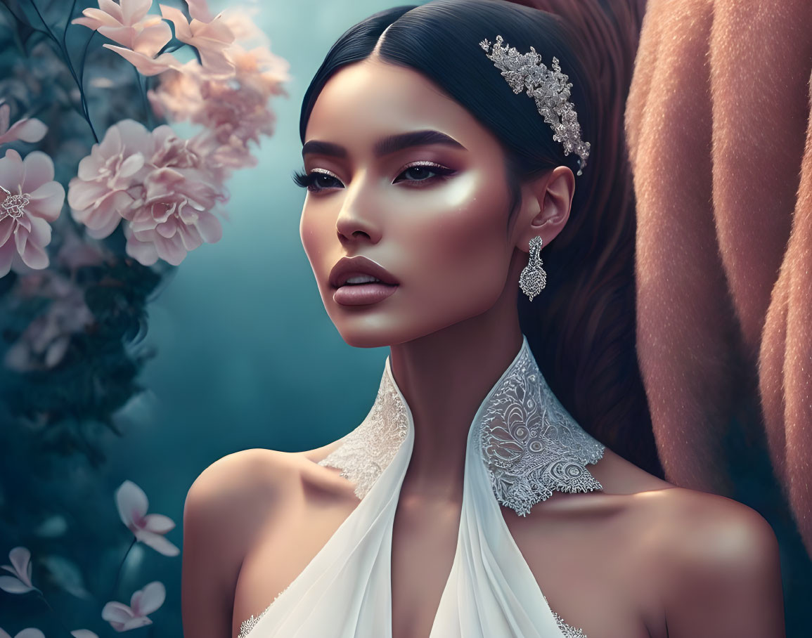 Woman in white gown with lace detail, elegant earrings, and floral backdrop