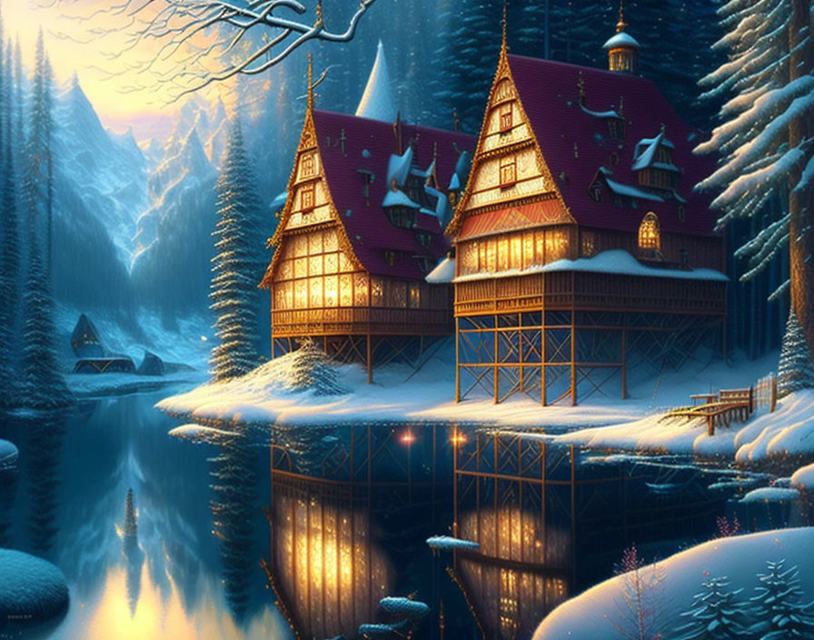 Traditional Wooden House by Snow-Covered Lake and Mountains at Dusk