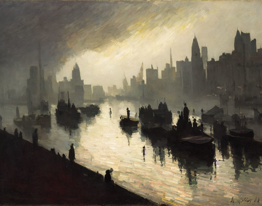 Misty urban harbor painting at dawn or dusk