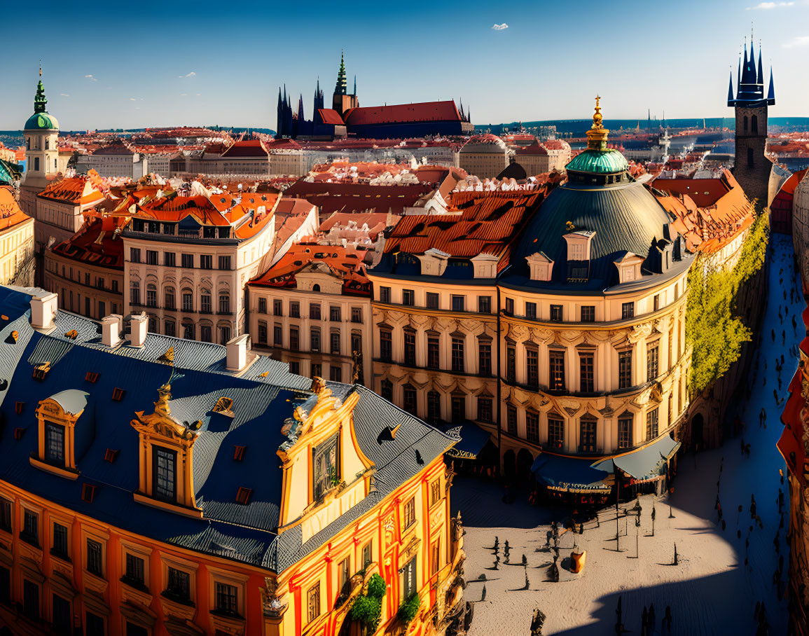 Panoramic view: Prague's historic terracotta roofs, crowded square, and distant Prague Castle