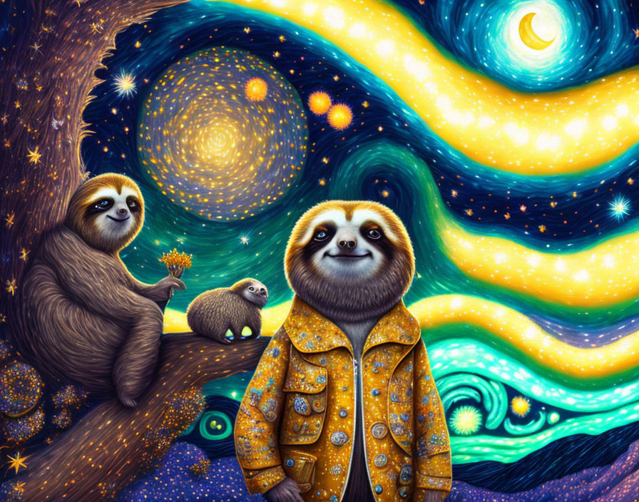 Colorful cosmic scene with sloth, hedgehog, and star-patterned jacket