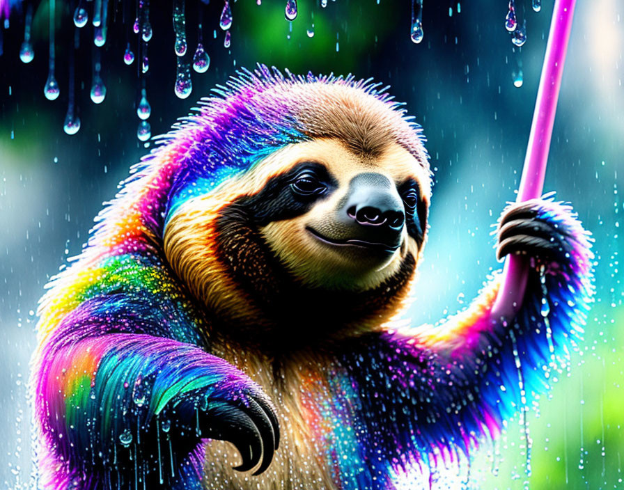 Colorful Rainbow Sloth Hanging from Branch in Sparkling Raindrops