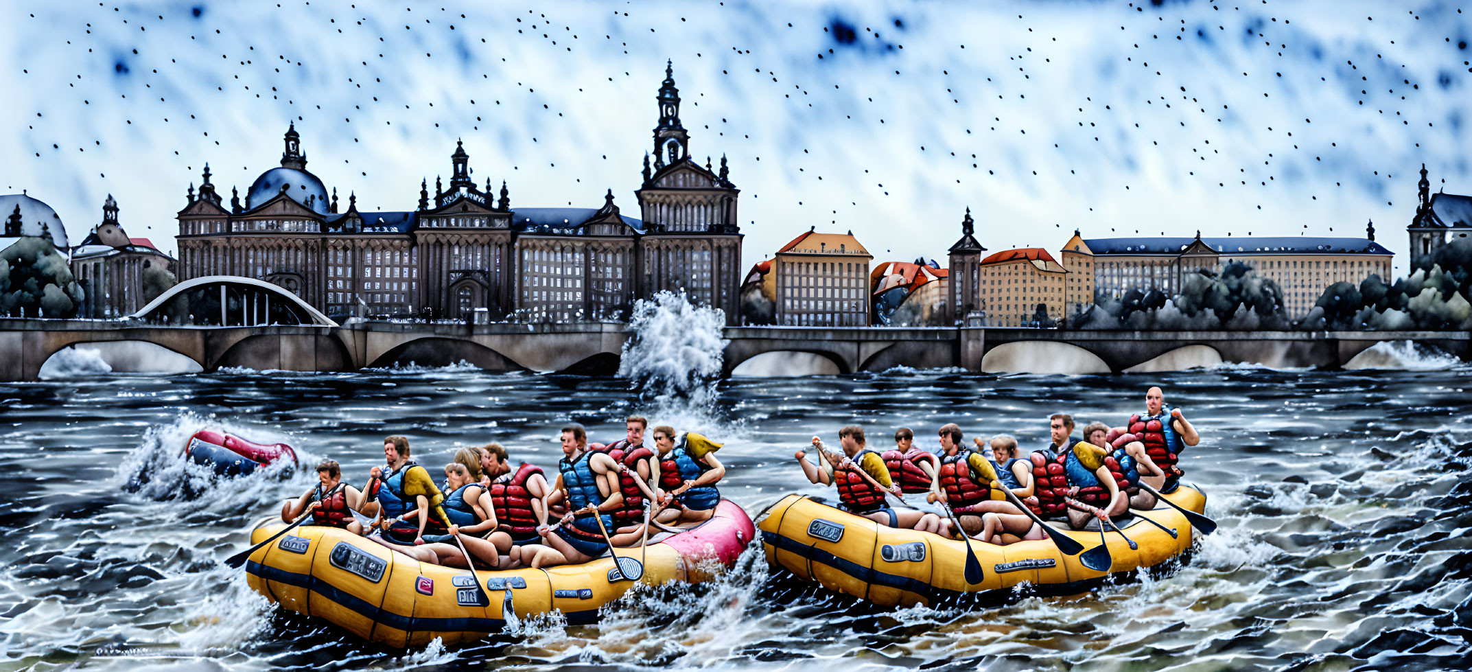 Digitally altered image of people on yellow rafts in Prague with historic buildings and darkened skies.