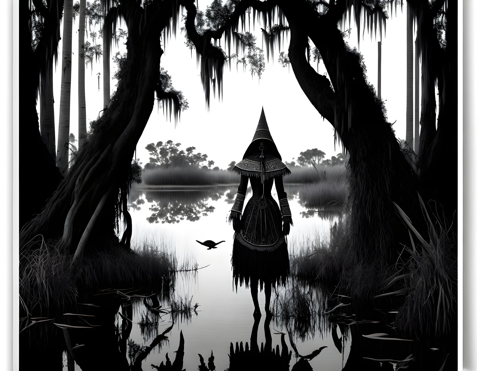 Monochrome image of cloaked figure by calm lake with Spanish moss-laden trees and birds in flight